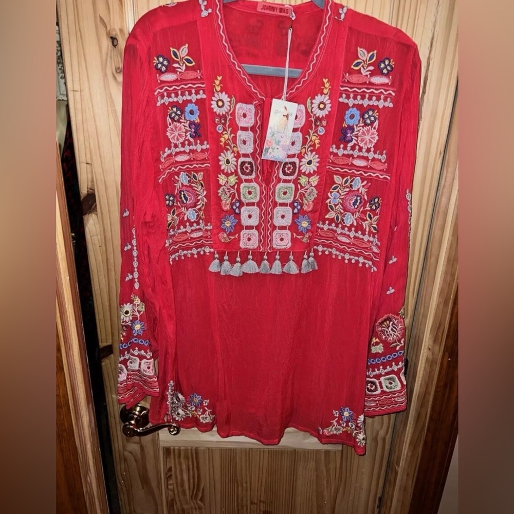 JOHNNY WAS Coriander Tunic Blouse Top Beautiful Red Embroidered XL NWT
